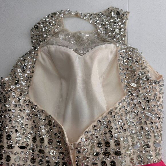 Beaded Rhinestone Bodice Pink Skater Dress Open Back Sleeveless Design Embellish - Picture 6 of 11